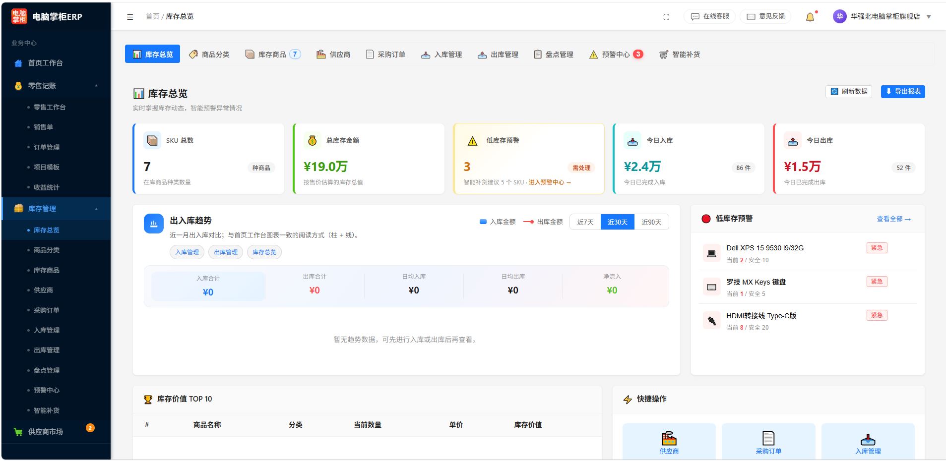 电脑掌柜ERP库存总览真实界面